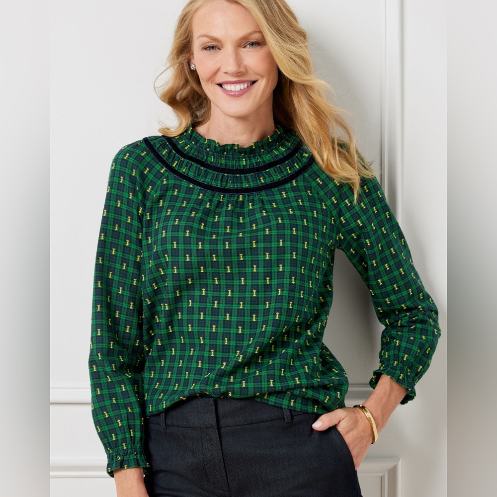 TALBOTS WOMEN’S VELVET TRIM RUFFLE POPOVER - BLACK WATCH TARTAN SIZE M GREEN